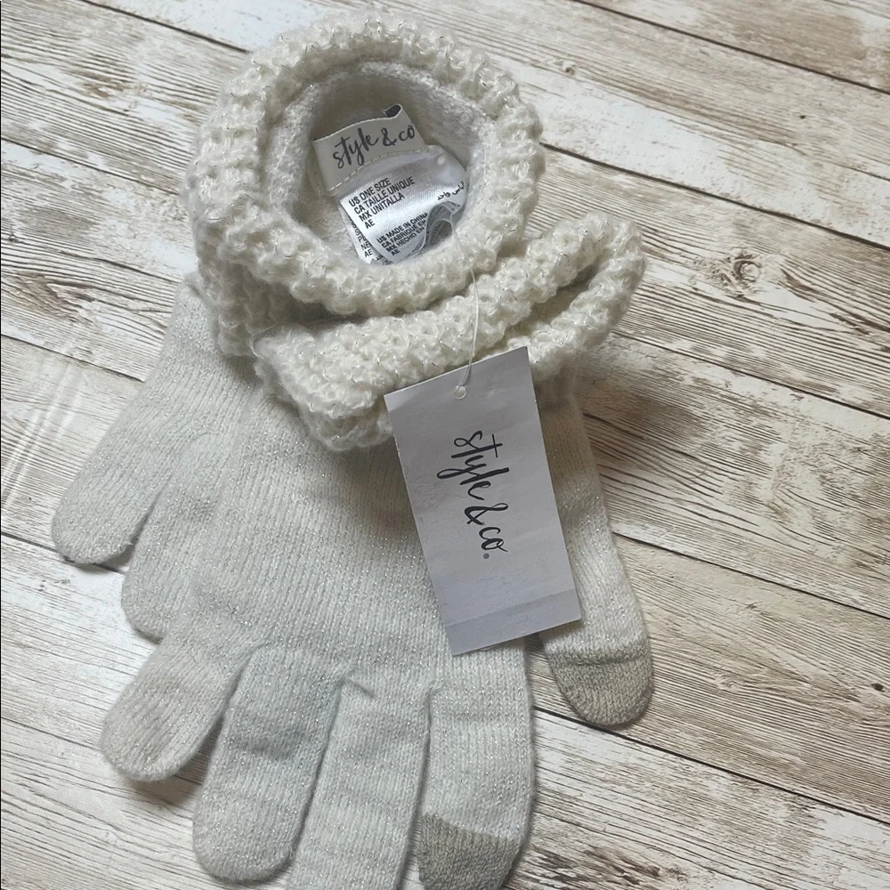 Style & Co. White Knit Gloves with Gray Tips‎ NEW O/S